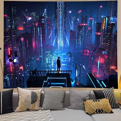 Miniatura 4 de XSISTER - Tapiz moderno con vista nocturna de ciudad, estilo punk, colorido, neón, fantasía, música, estética urbana, arte para colgar en la pared,
