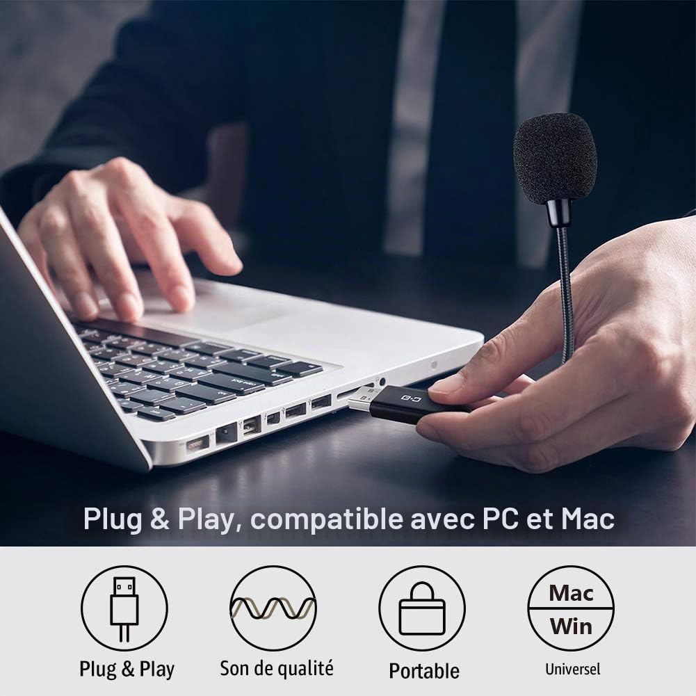 Microphone USB sans Fil pour Ordinateur Portable et Ordinateur de Bureau, avec col de Cygne et Carte Son intégrée, Compatible avec Windows PC et Mac, Petite Taille, prêt à l'emploi, Microphone à