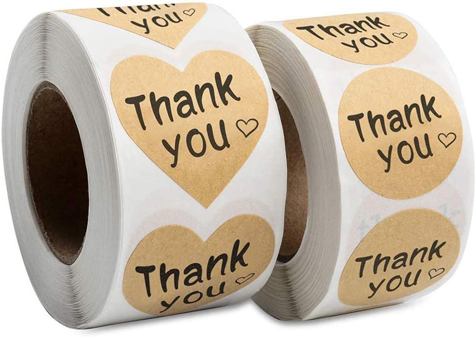Thank You Stickers Roll 1000pcs Adhesive Labels Kraft Paper with Black Hearts, Decorative Sealing Stickers for Christmas Gifts, Wedding, Party