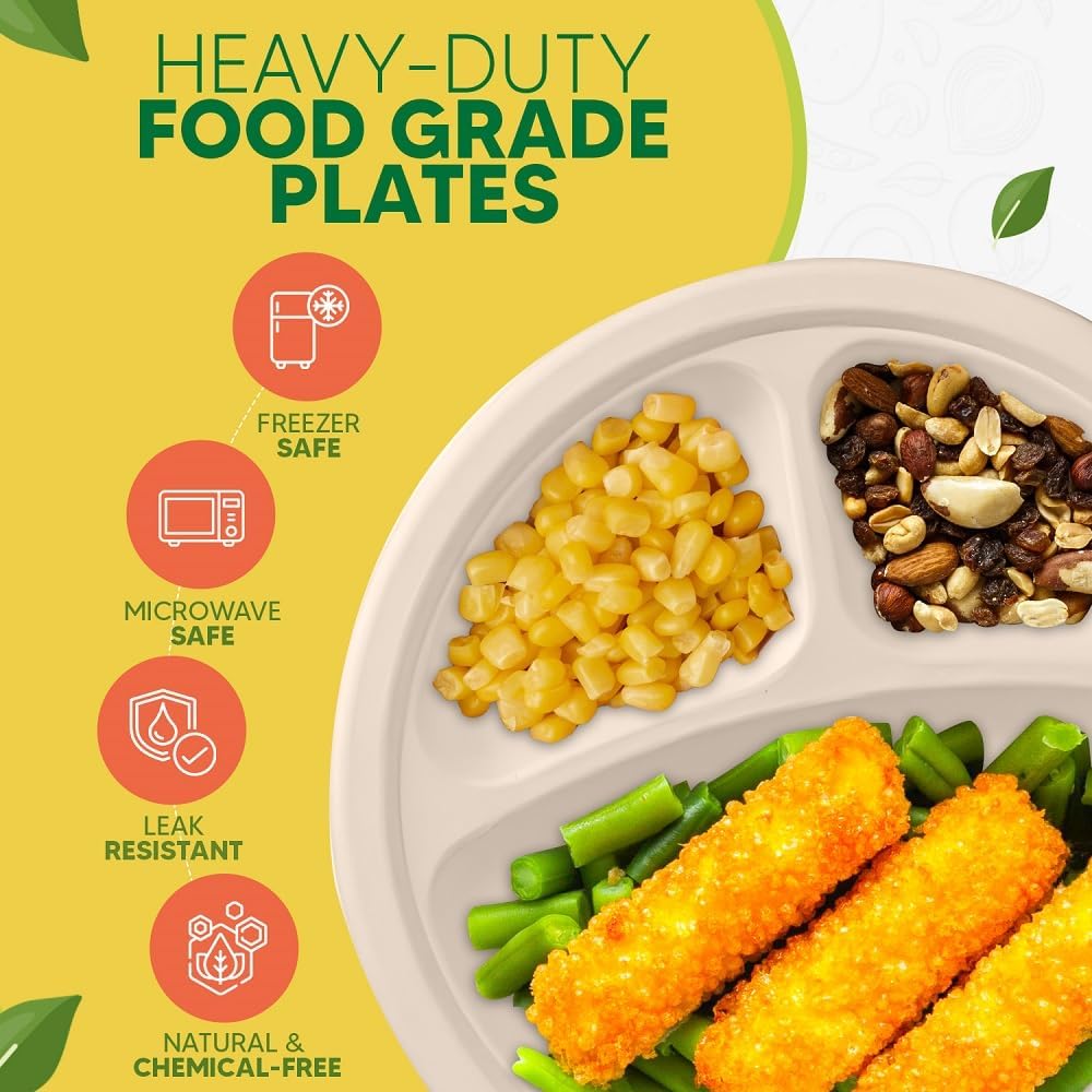 Compostable 3 Compartment Paper Plates 10 inch 150-Pack – Disposable Divided Plates – Made of Biodegradable Sugarcane Bagasse – Round Heavy-Duty Eco-Friendly Dinner Plate – Natural Brown