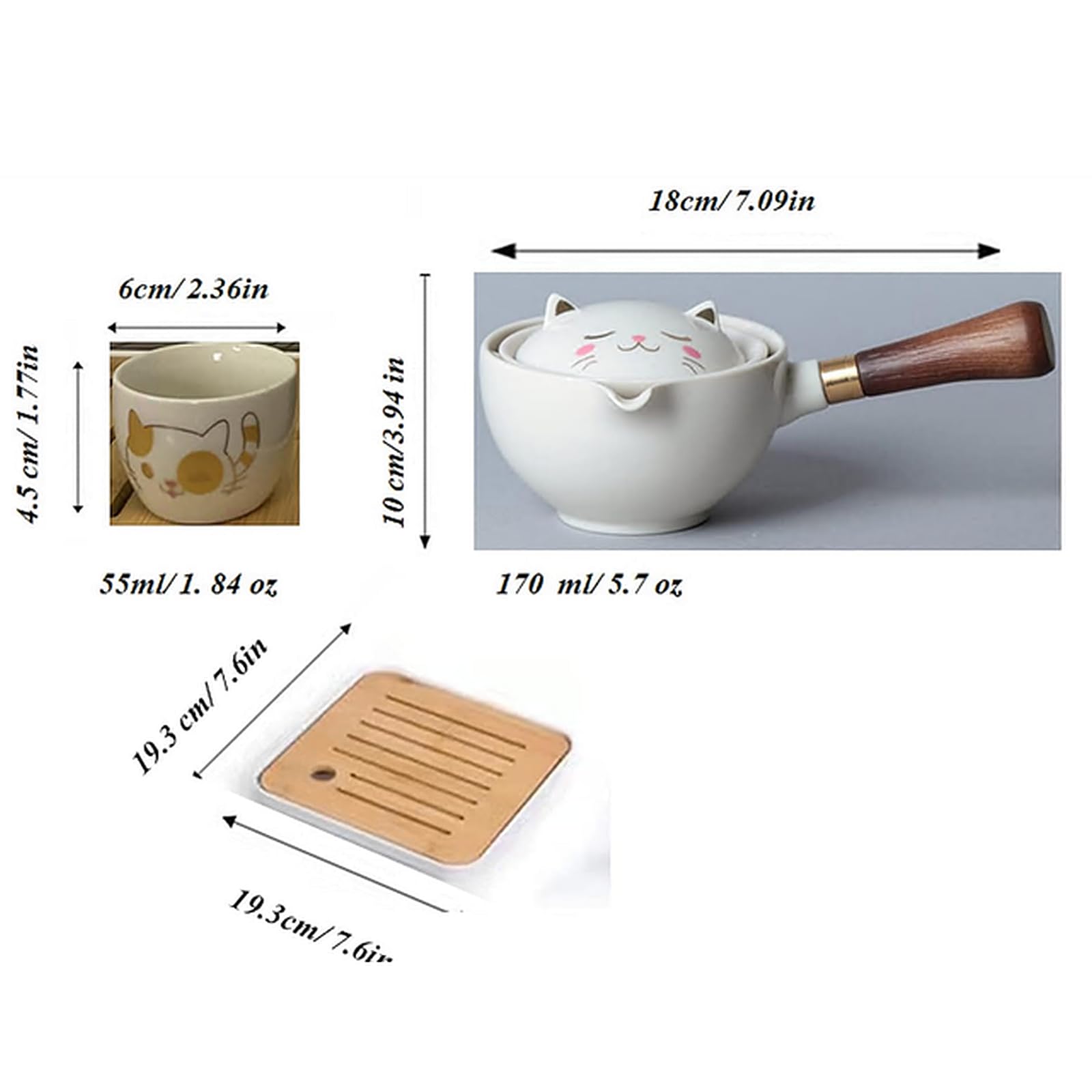 Set da Tè in Ceramica Portatile da Viaggio, Set da Tè Cinese Kungfu con Teiera a Rotazione 360 e Infusore, 4 Tazze da Tè, Vassoio da Tè e Borsa da Viaggio (Gatto Fortunato)