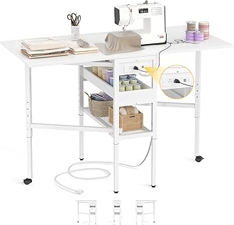 Besiost Folding Sewing Cutting Table with Charging Station, Height Adjustable Craft Table with Storage, 50" Foldable Fabric Cutting Tables for Sewing Room Craft Room, White