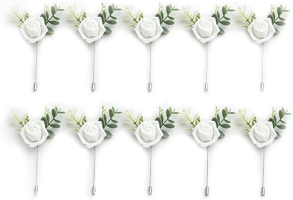 White Rose Boutonnieres 10 Pack Artificial Lapel Pins for Wedding Groom Groomsman