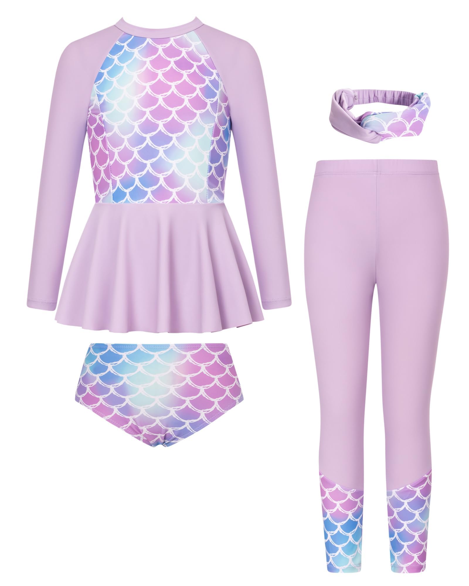 GRACE KARIN Mädchen Vierteiliges Set Badeanzug Lange Ärmel + Hosen Schwimmanzug+Slips+Haarband