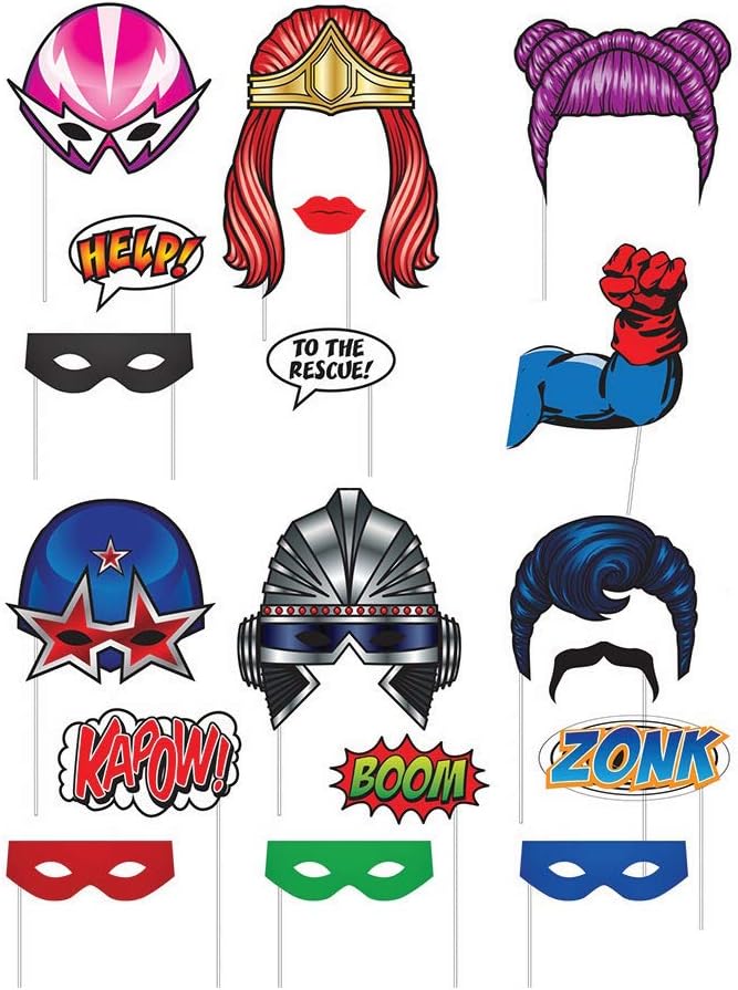 Express Novelties Online Superhero Themed Party Photo Booth Props Decor- 18 Pc Kit