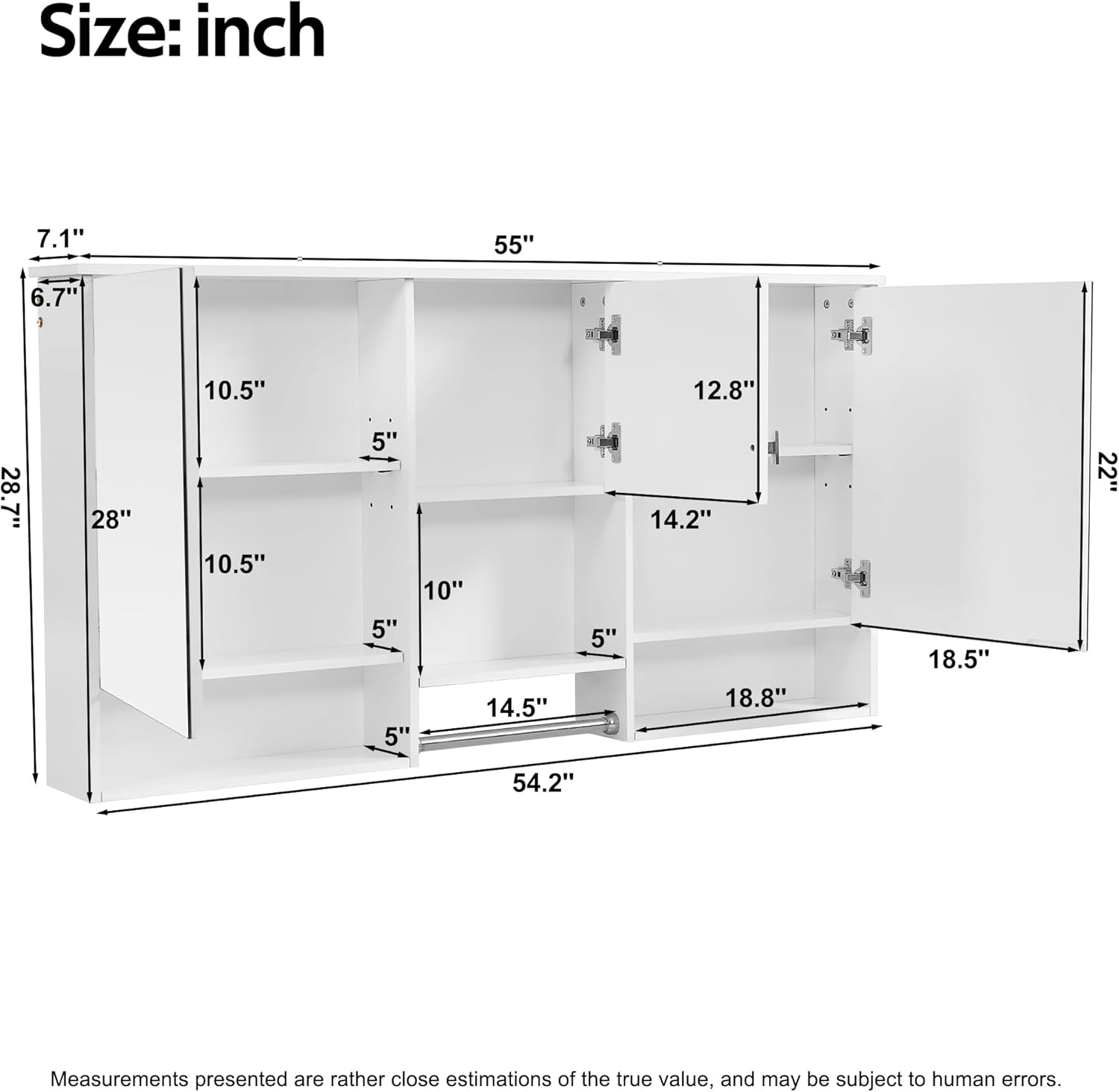 55" Sturdy Storage Cabinet, Bathroom Organizer with HD Mirror, Waterproof Cabinets with Soft Closing Hinges for Vanity, White
