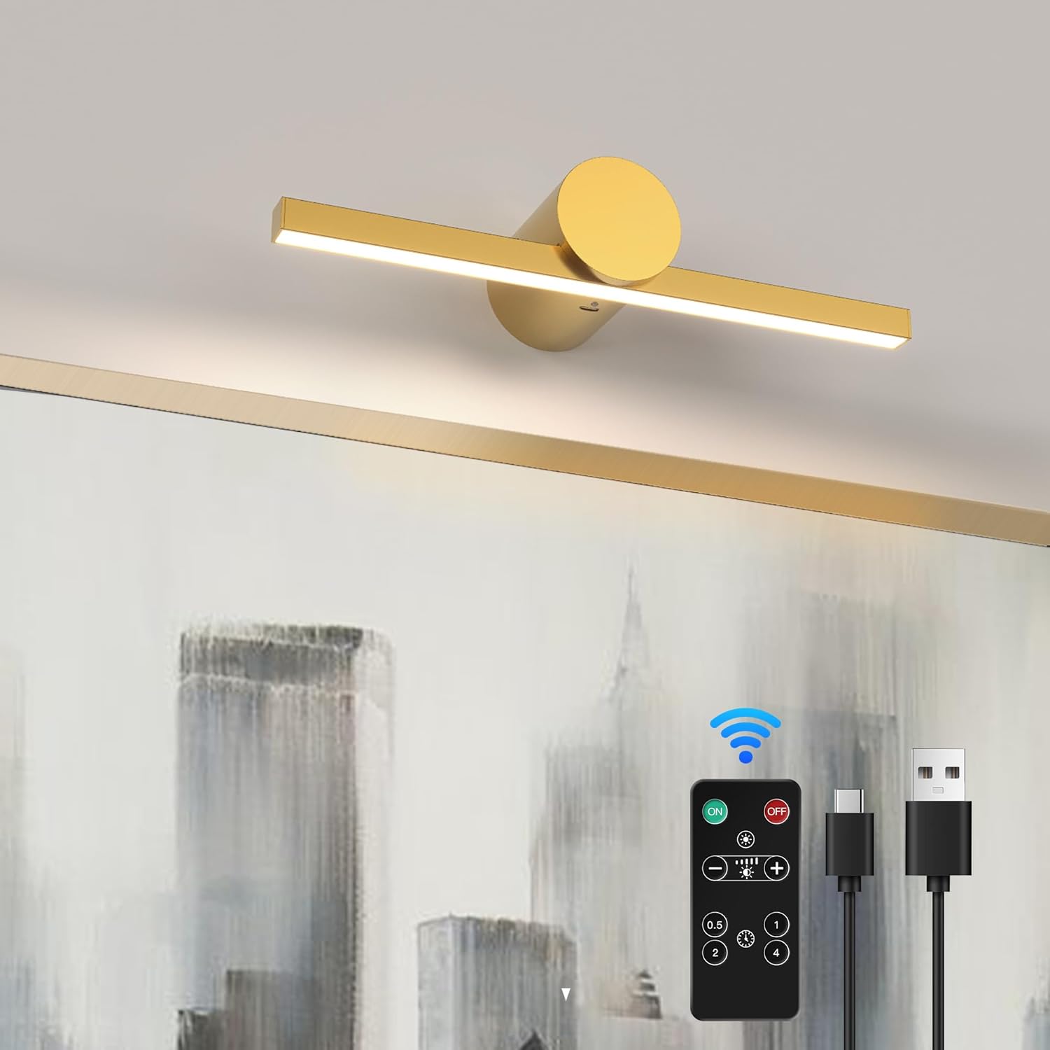 ZitoStory Battery Operated Picture Light with Remote,Wireless Dimmable Art Lights for Paintings Rechargeable Gallery Light Artwork Lighting for Canvas, Portrait (Gold,11.4'' Inch)