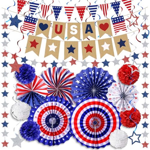 Bannière drapeau américain et kit décoration 4 juillet avec éventails en papier Panelee