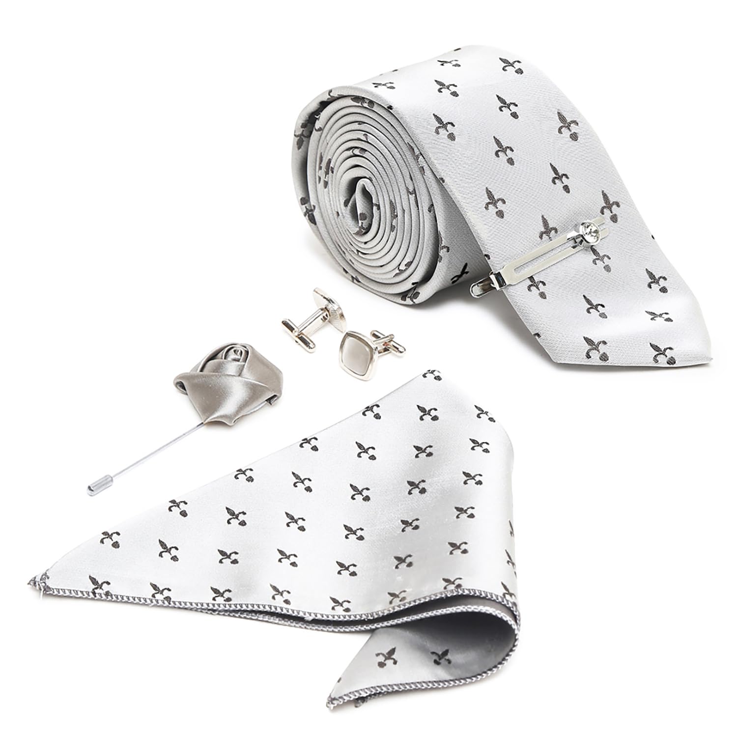 Mens Arrow Grey Italian Silk Necktie Set With Pocket Square Cufflinks Brooch Tie (Suit Accessories) (Czech)-image-1