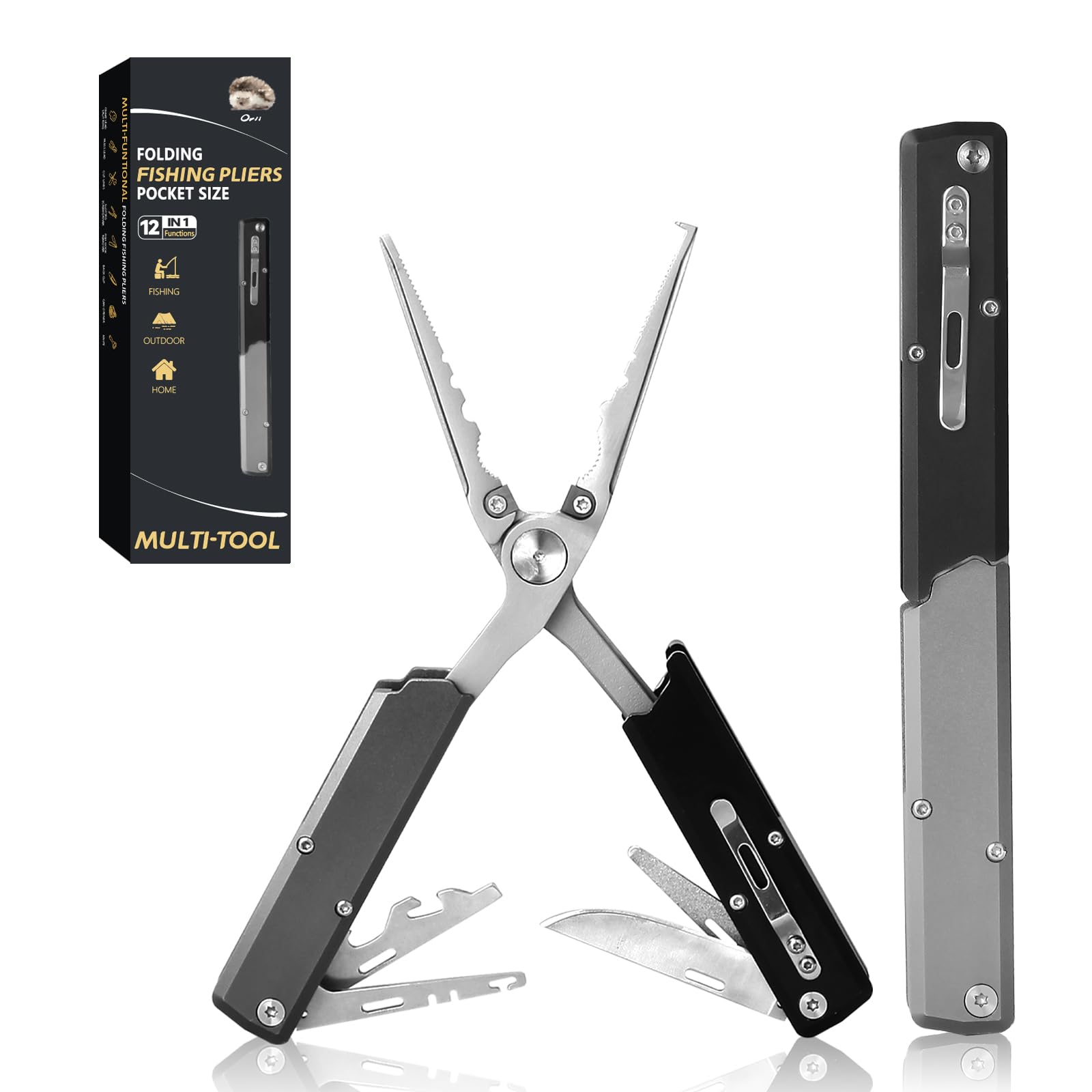 12-in-1 Saltwater Fishing Pliers & EDC Multitool, Titanium Coated Marine-Grade Stainless Steel Folding Pliers, Gifts for Men, Compact Pen-Sized Braid Cutter, Hook Remover & Split Ring fishing gear