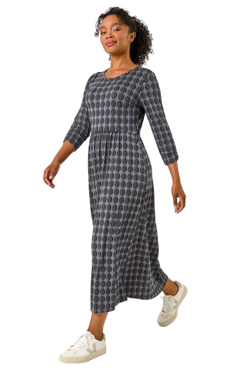 Roman Originals Women's Petite Grey Midi Dress With Pockets For Uk Stretchy Jersey Maxi Long 3/4 Length Sleeve Gathered High Waist Boho Flattering Skater Swing Fit Flare - Size 18