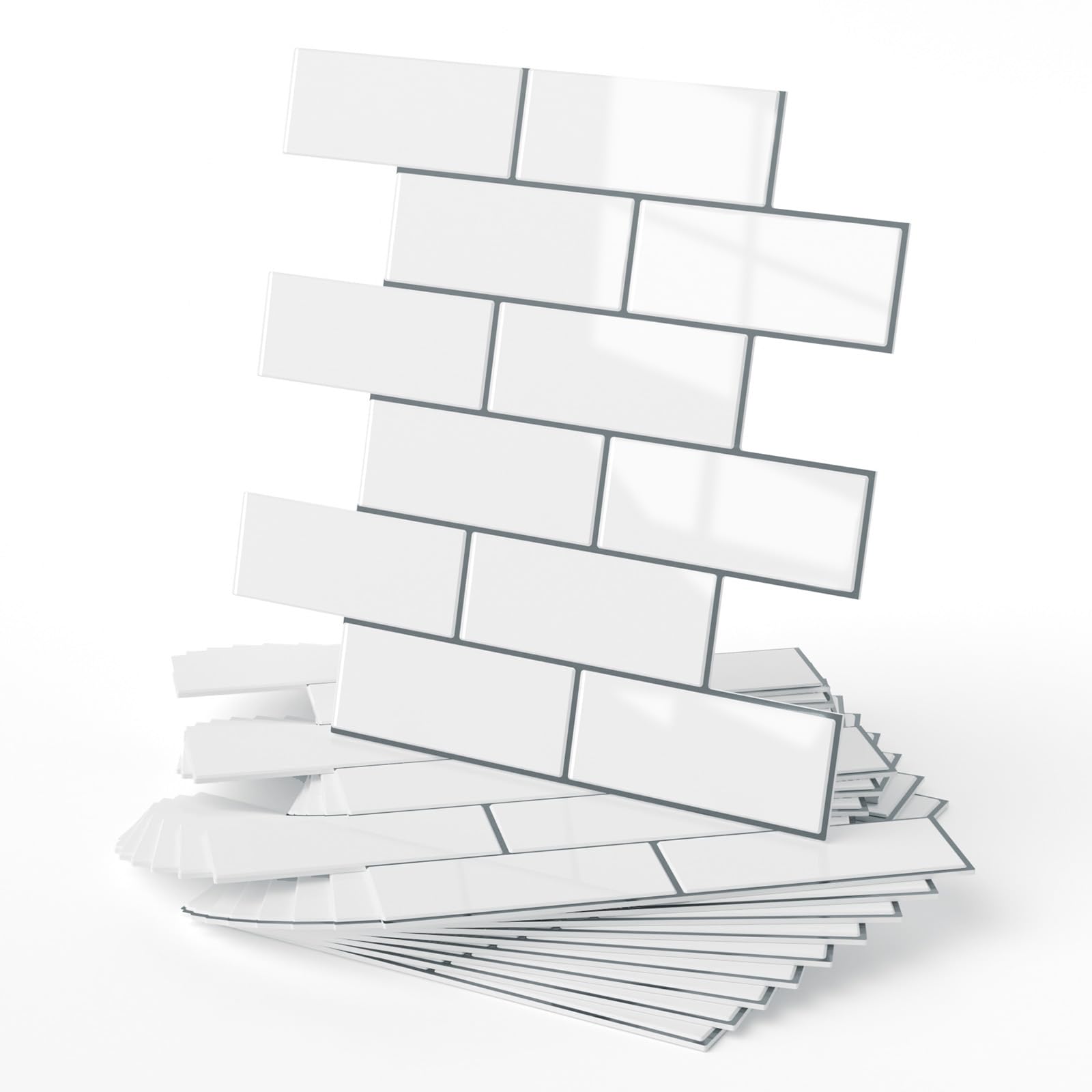 WADILE 3D Peel and Stick Subway Wall Tiles, 10PCS Aluminum Foil Backing Foam Brick Panels for Kitchen Bathroom Backsplash, Waterproof Self Adhesive Wall Stickers, White