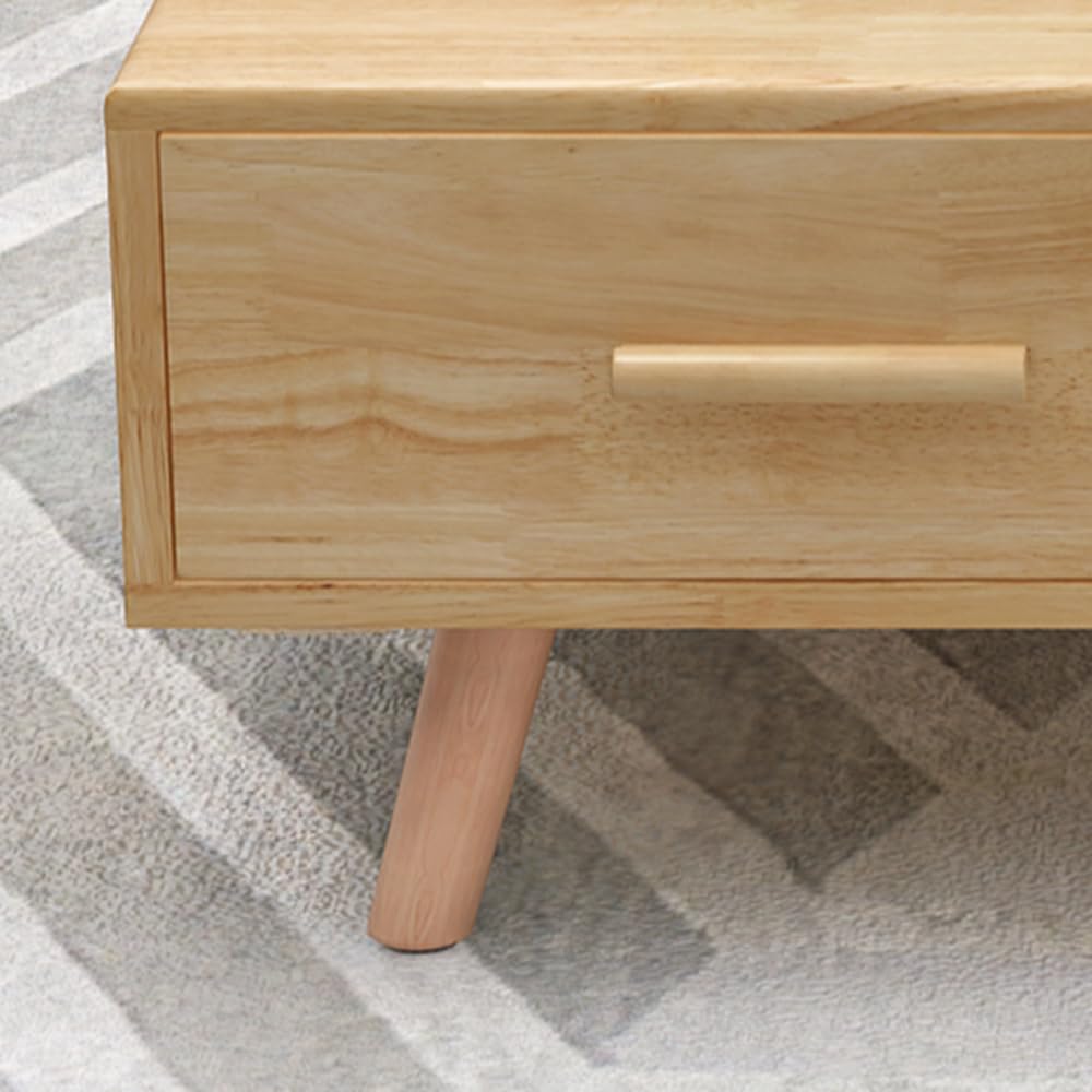 Consola de TV rectangular de madera de caucho con 2 cajones y 1 estante, soporte de TV moderno para juegos y entretenimiento, mueble para equipos multimedia, acabado natural, 47" de largo x 12" de