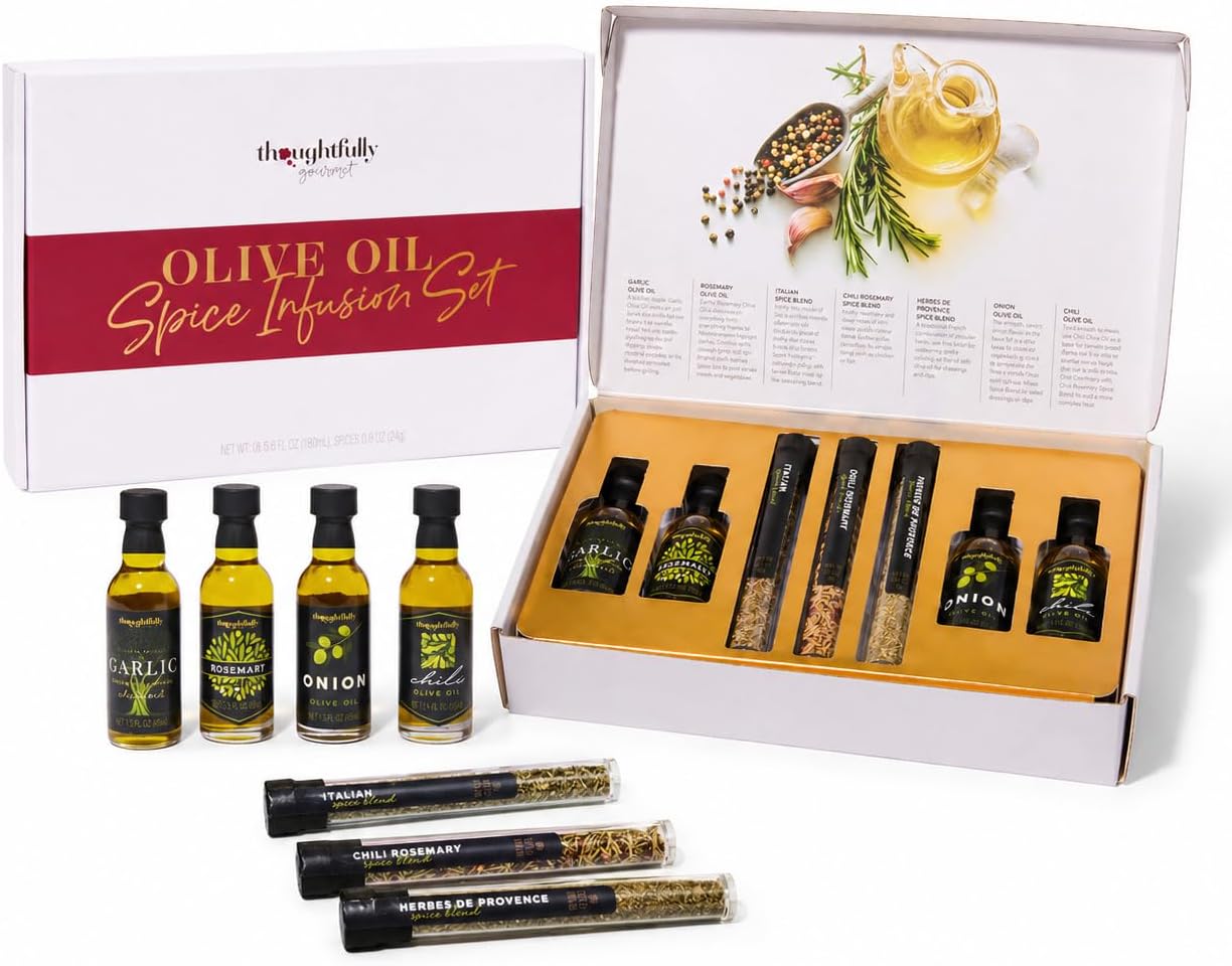 Thoughtfully Gourmet, Olive Oil Spice Infusion Gift Set, Includes Uniquely Flavoured Olive Oils and Infusion Spices, Pack of 7