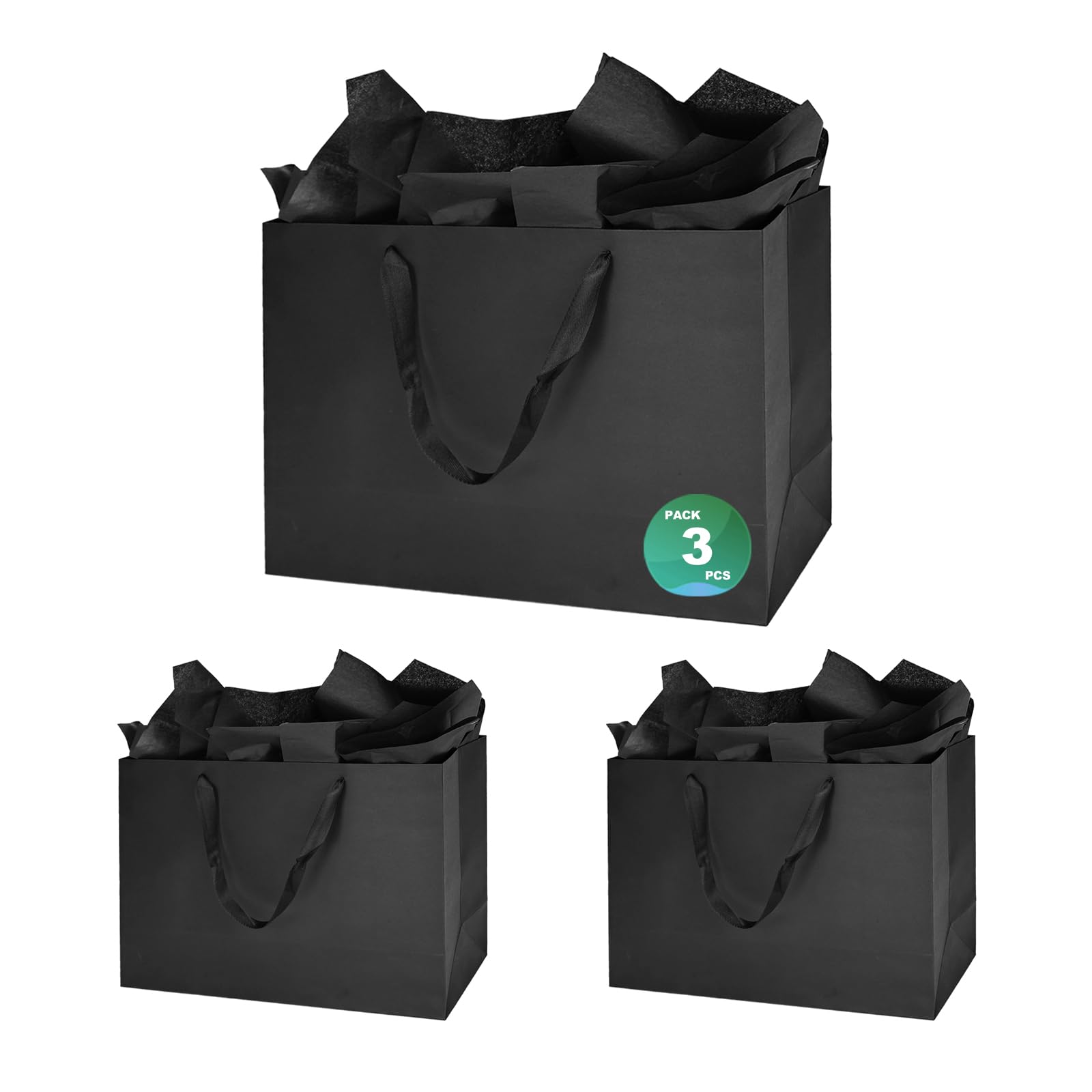 Papertide 3 Pack Black Jumbo Gift Bags 40.6×15.2×30.4cm with Tissue Paper