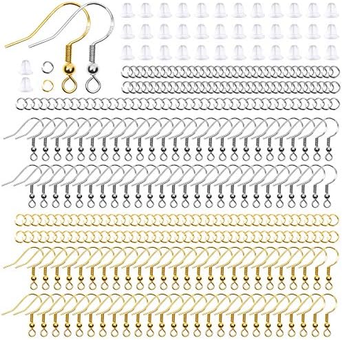 Hypoallergenic Earring Hooks, Thrilez 600Pcs Earring Making Kit with Jump Rings and Clear Rubber Earring Backs for DIY Jewelry Making (Silver and Gold)