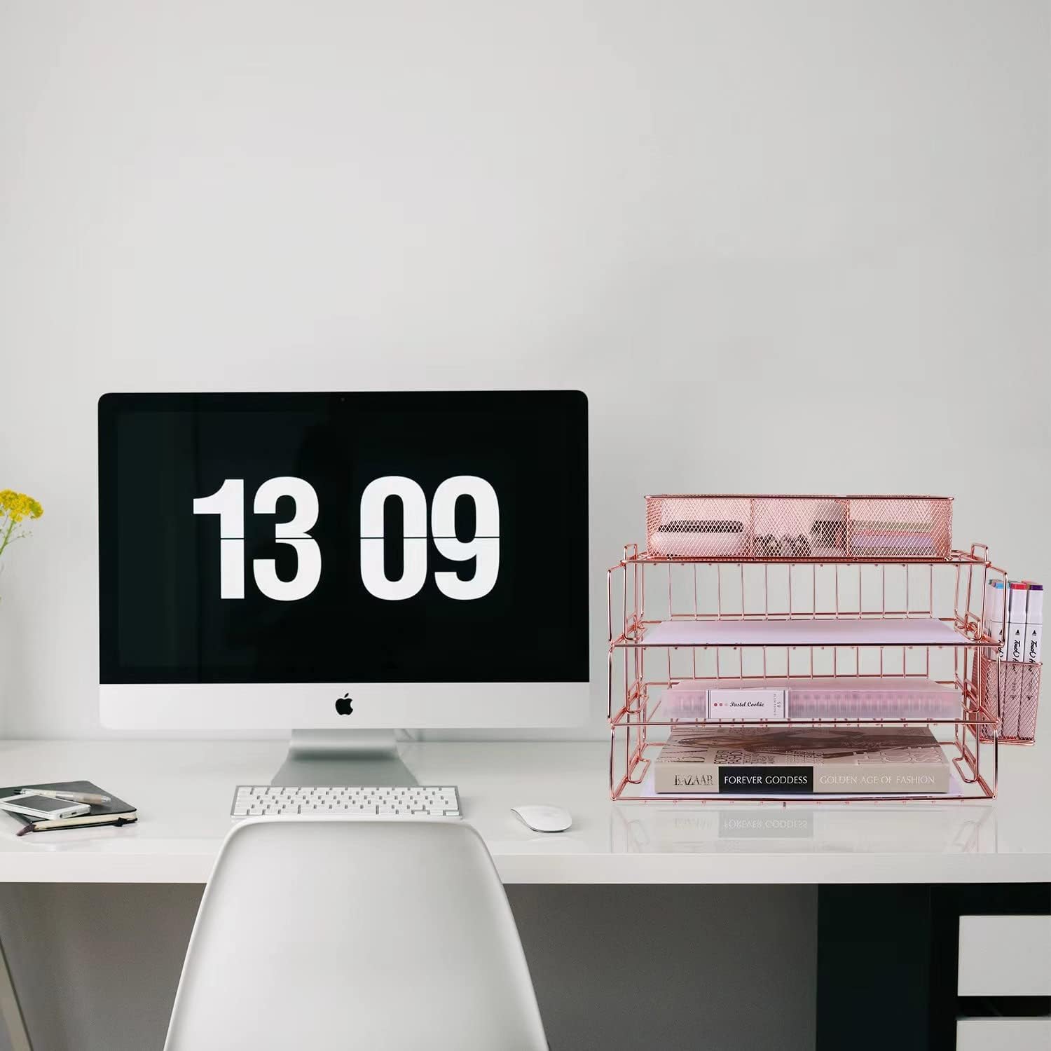Restorgan Modern Rose Gold 4 Tier Desk Organiser, Stackable File Tray with Pen Holder, Desktop Filing Tray Organiser
