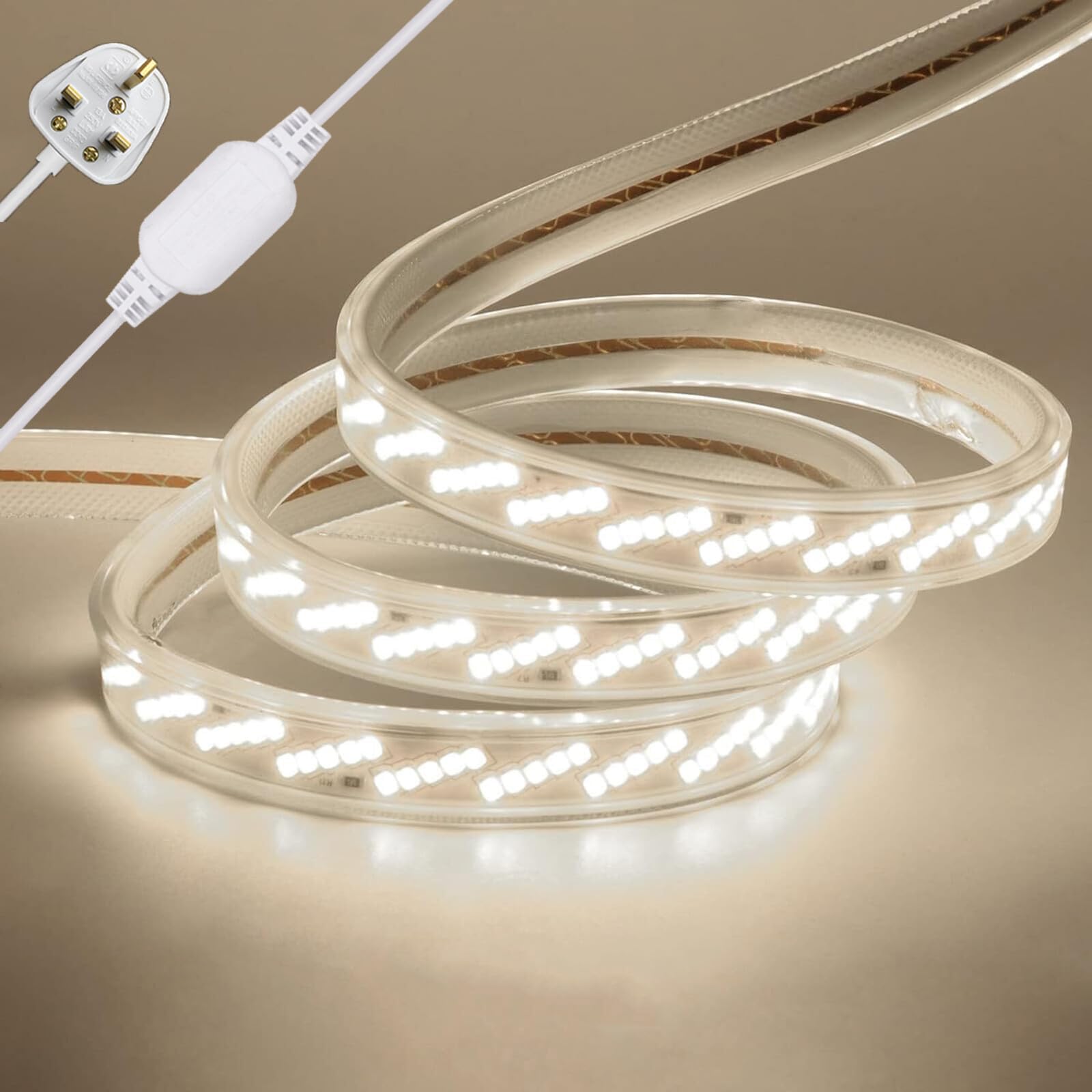 KAFULA AC220V Oblique Five-Row LED Light Strip, IP65 Waterproof and Flexible, 320 LEDs/M 12m Natural White 4000K Super Bright LED Fairy Light CRI90+, can be Cut Every 50cm, Home Decoration