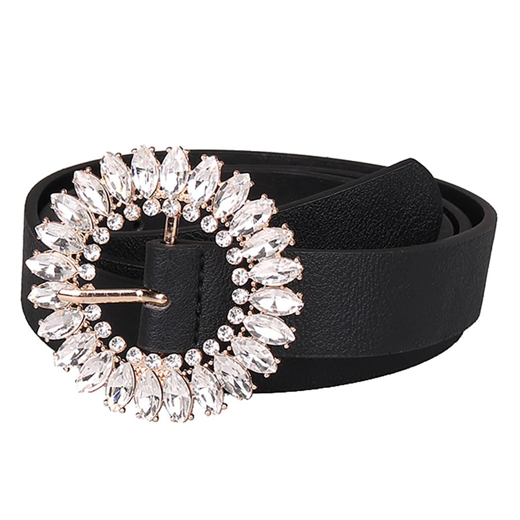 Womens Crystal Embellished Leather Belt - Stylish Waist Accessory for Casual Jeans Outfits