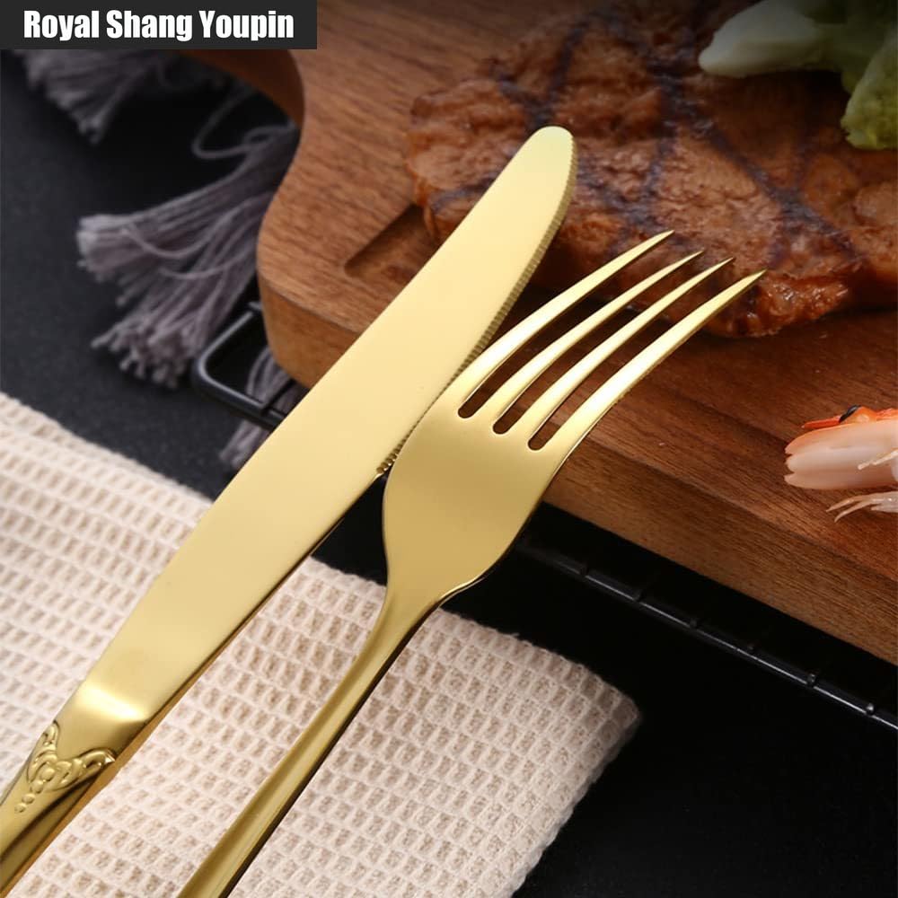 Retro Scava Fuori Maniglia in Rilievo Cucina in Acciaio Inox Posate Da Tavola Posate Set Di Posate Coltello Da Bistecca Forchetta Cucchiaio Cucchiaino (Oro,20 pezzi)