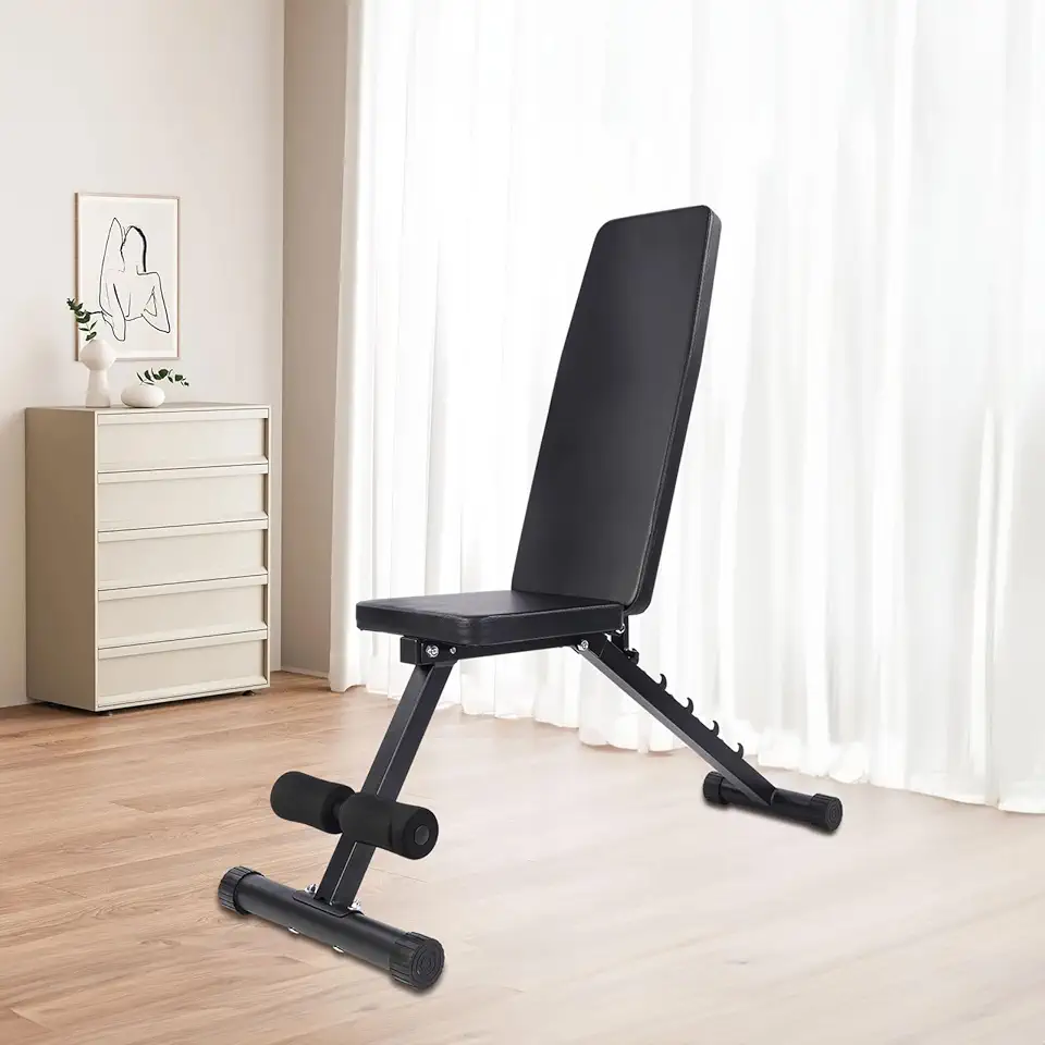 Banco de Musculação Ajustável e Dobrável - Suporta até 120kg, Encosto com 5 Posições, Estrutura Triangular Reforçada, Assento Largo e Apoio de Pés Regulável