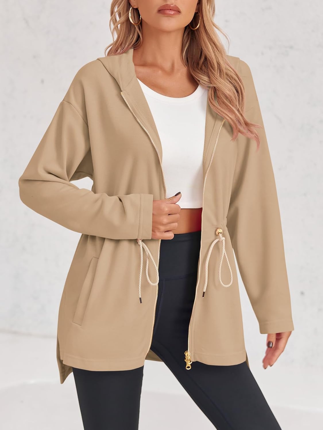 Fisoew Women's Zip Up Hoodie Sweatshirts Oversized Long Sleeve Casual Drawstring Waist Side Slit Tunic Tops - Image 5