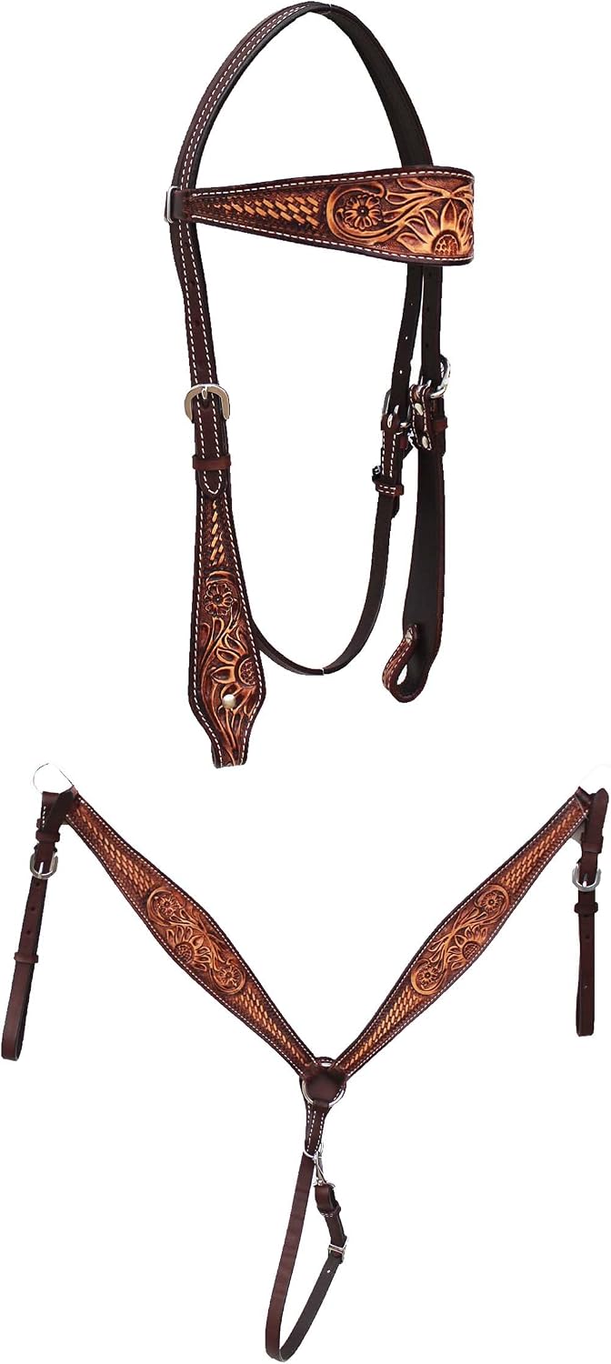 CHALLENGER Horse Western Floral Tooled Browband Bridle & Breast Collar Tack Set 78HR62B