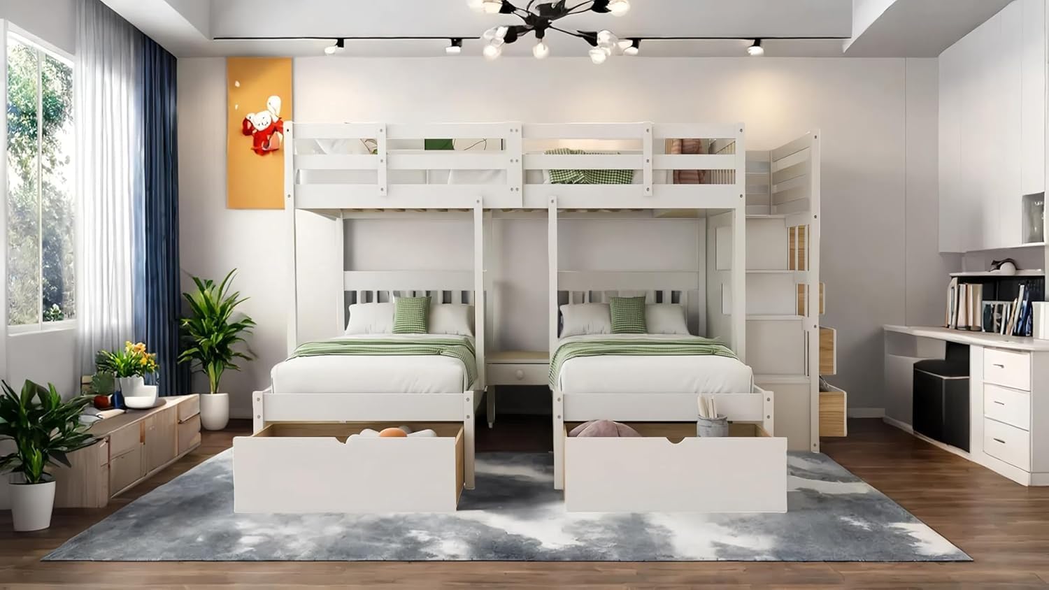 KUIKUI Triple Bunk Beds for Kids, Full Over Twin and Twin Bunk Bed for 3 with Stairs, with Extra Storage Space and Drawers, White