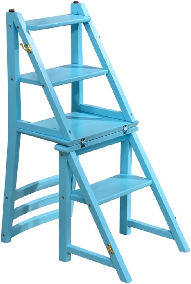 Folding Chair Rubber Wood Multifunction Thicken Waterproof Dual Use Climb Shelf Ladder 4th Floor, 4 Colors (Color : Blue, Size : 430x700x900mm)