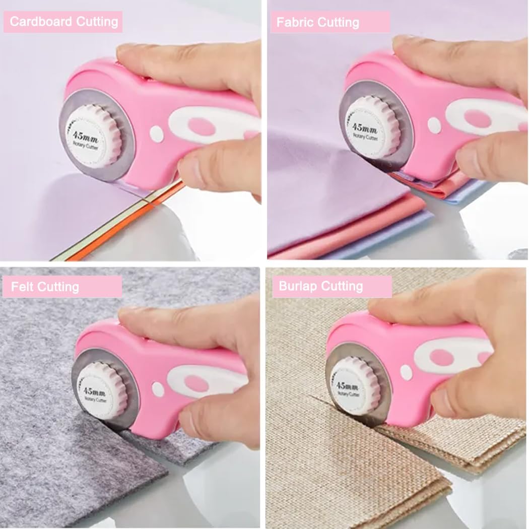45mm Rotary Cutter with 5pcs Extra Blades, Ergonomic Handle Rolling Cutter with Safety Lock for Fabric, Leather, Crafting, Sewing, Quilting, Fabric Rotary Cutter Perfect for Left & Right Hand (Pink)