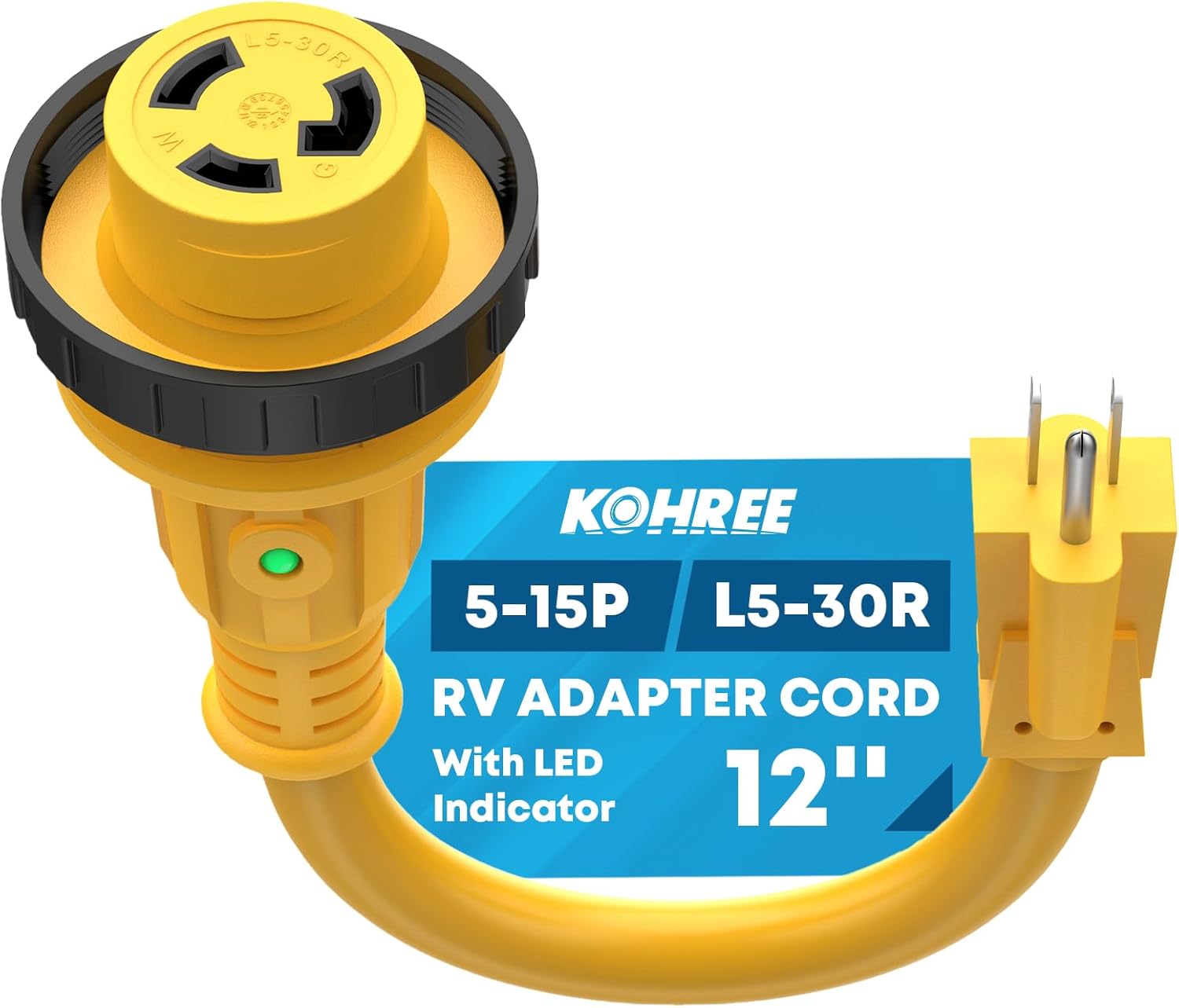 Kohree RV Adapter Plug 30 Amp to 15 Amp 110V, RV Power Electrical Adapter Cord 15A Male to 30A Female 12" with Twist Lock & LED Indicator 15M/30F 12"(twist lock with LED indicator)