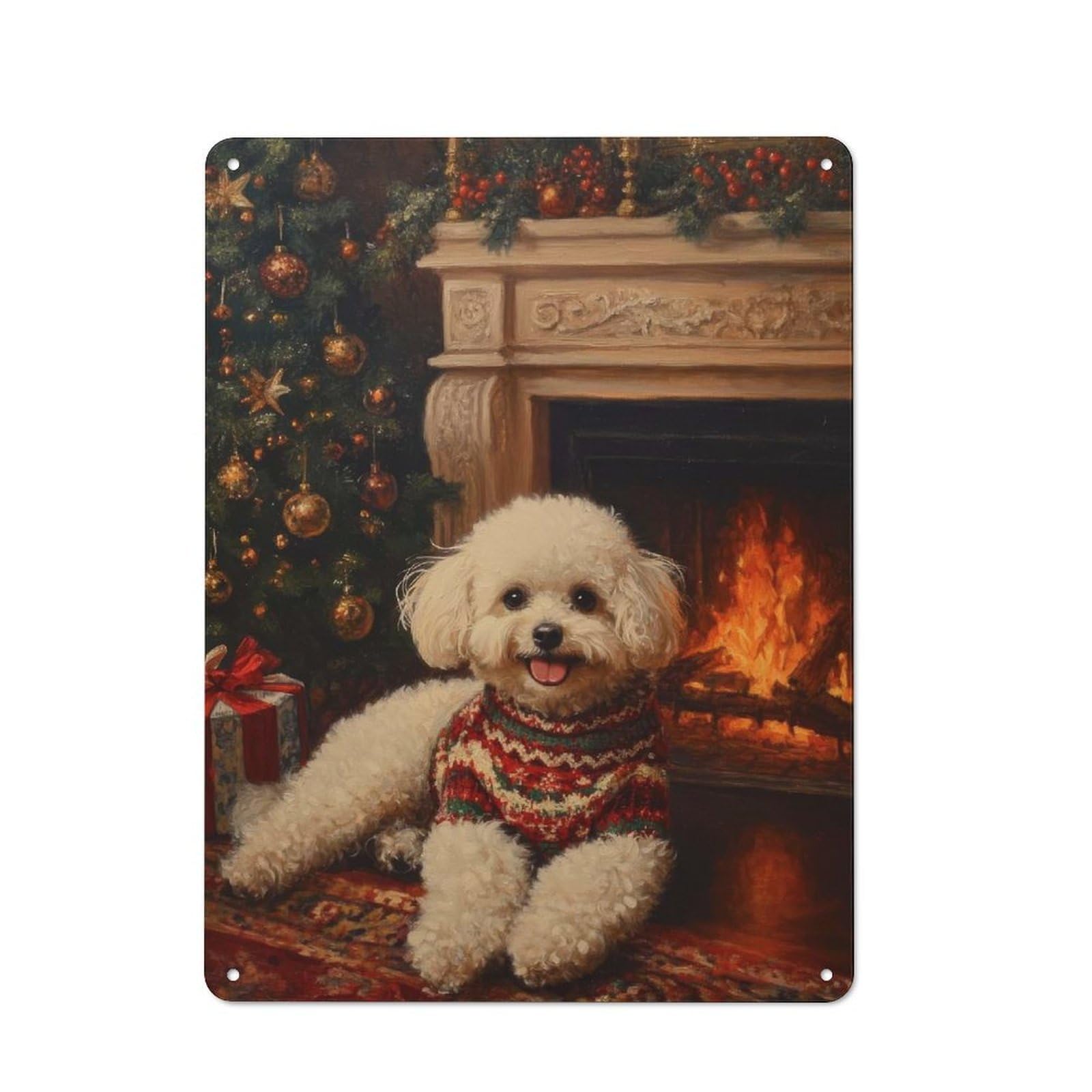 Junmoney Bichon Frise In Sweater Christmas Dog By Fir Tin Wall Plaque 40X30cm With Eplace Painting For Guest Room Or Hallway, For Metal Sign Collectors, For Garage And Workshop Walls