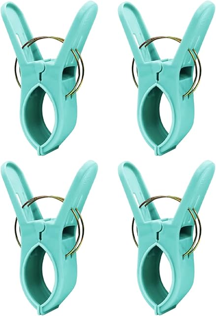 Beach Towel Clips for Sun Loungers - 4 Pcs Premium Plastic Jumbo Sunbed Towel Clips - Multipurpose Usage Pegs for Washing Line and Beach Towel Pegs for Towels, Quilts and Heavy Laundry  Aqua Blue