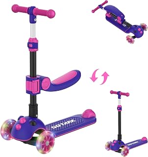 KS3 Pro Foldable Kick Scooter with Seat, 3 Wheels for Age 2+, Gifts | LED Light-Up Wheels, Adjustable Handlebar, Removable Seat, Lean to Steer, Wide Anti-Slip Deck, Max Load 110 lbs, Boys & Girls