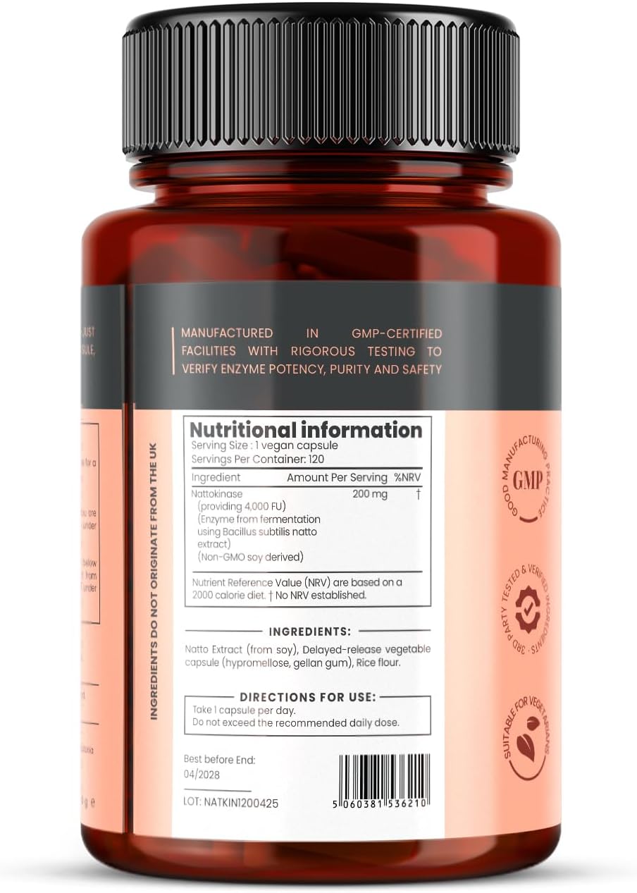 Nattokinase 4,000 FU per Capsule – 120 Vegan Capsules – High Potency – Delayed-Release – Non-GMO Soy-Derived – Clean Label – 4 Month Supply – Pure Enzyme from Bacillus subtilis Natto