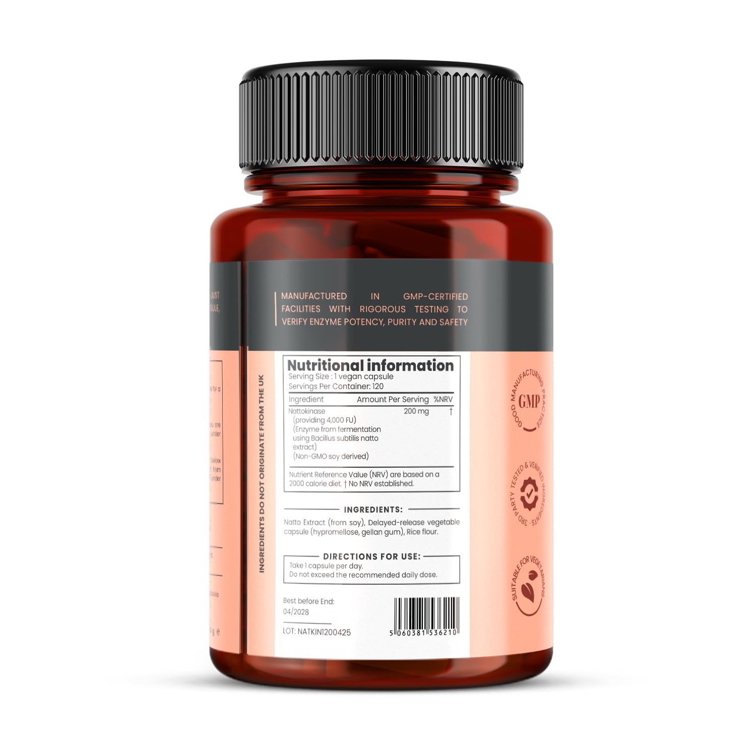 Nattokinase mit 4.000 FU pro Kapsel – 120 vegane Kapseln – Hochdosiert, magensaftresistent – Ohne Gentechnik, aus Soja gewonnen, ohne Füllstoffe – 4-Monats-Vorrat