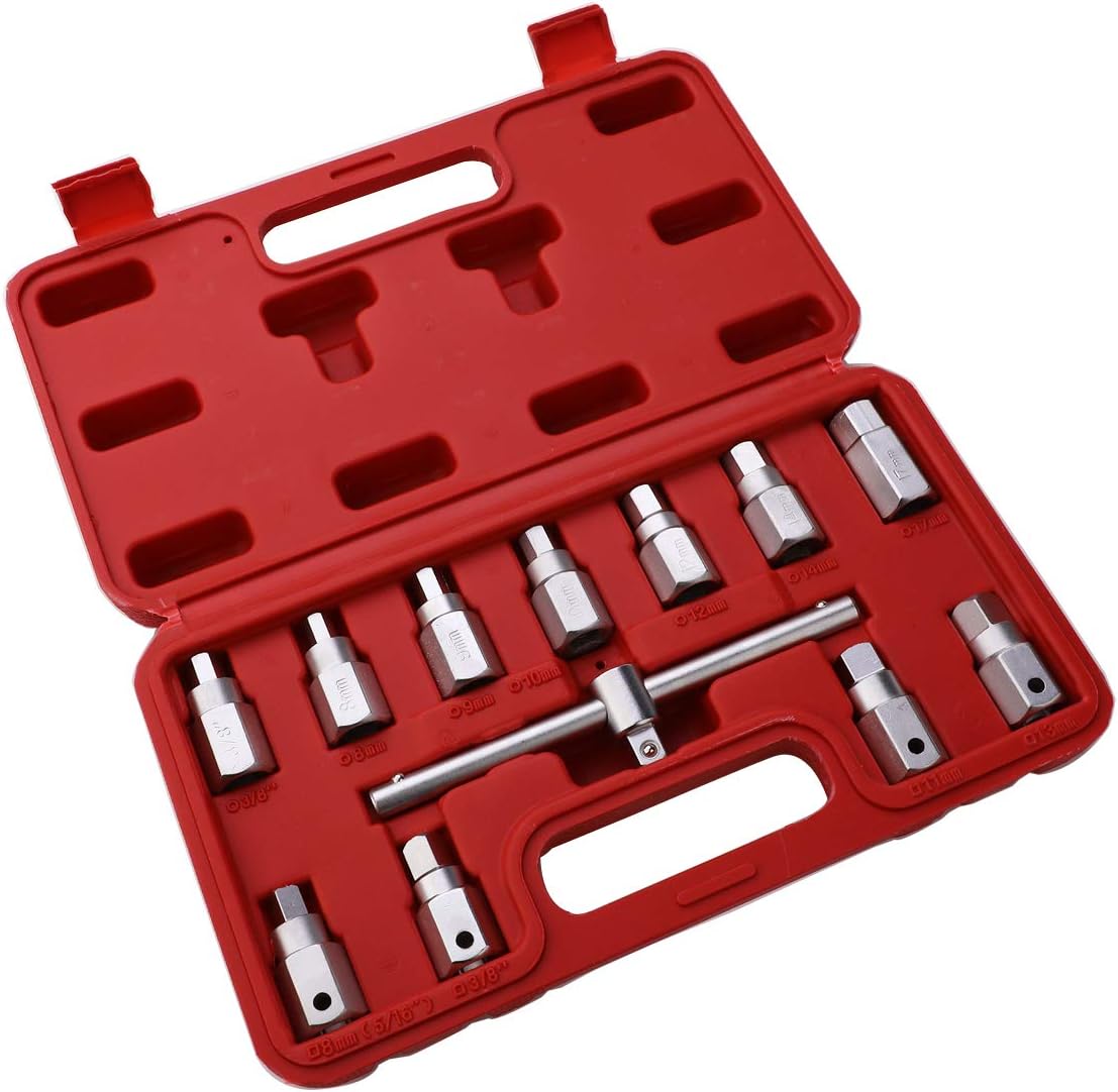 HERIS 12pcs Drain Plug Key Socket Set Axle Oil Sump Spanner 3/8" Drive Cars Vans Bikes