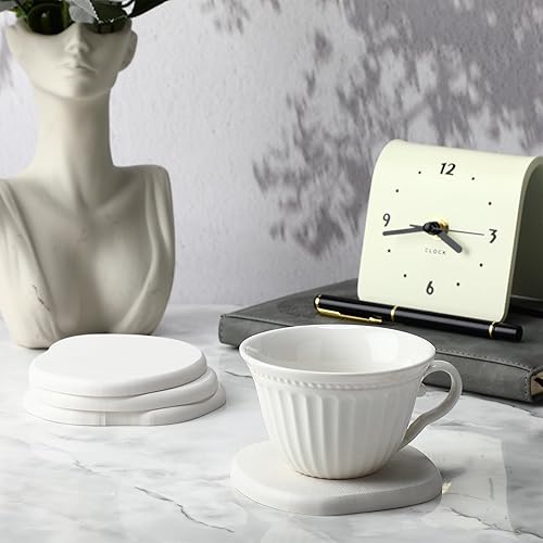 Miniatura 6 de Diatomaceous Earth - Juego de 4 posavasos de secado rápido para escritorios, bonito diseño moderno de piedra con elegante estética blanca (4, blanco)