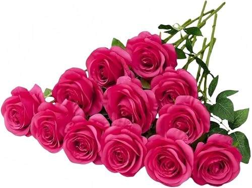 Image of YGHSZ 6 Pcs Fuchsia Artificial Silk Roses, 50 cm Long Stem Realistic Fake Flowers for Wedding Bouquet, Bridal Centrepiece, Home Party & Hotel Table Decoration