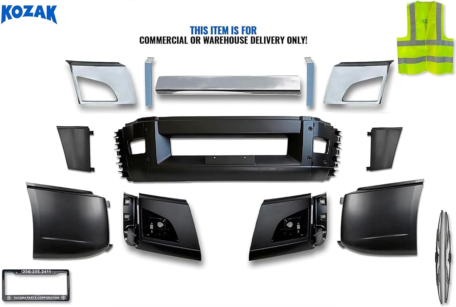 KOZAK Bumper Plastic Set with Fog Light Holes and Chrome Trim Set Compatible with Volvo VNL 2018+ Includes Logo, License Plate Frame, 2x 22" Windshield Wipers, and Safety Vest