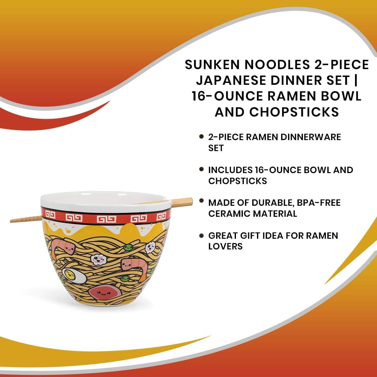 Toynk Sunken Noodles Japanese Ceramic Dish Set | 16-Ounce Ramen Bowl and Chopsticks Set