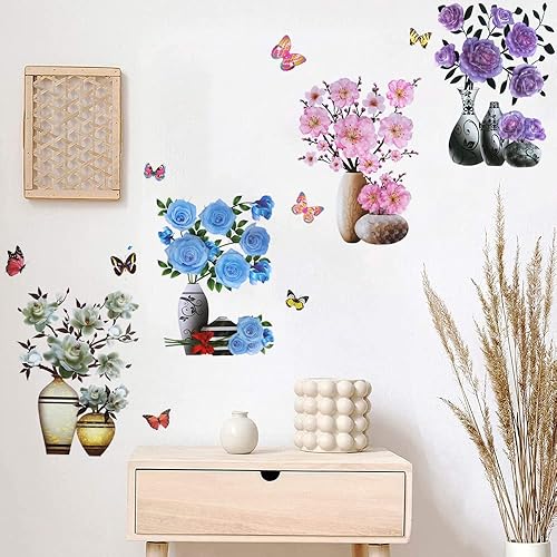 Miniatura 7 de Supzone Calcomanías de pared de flores estéreos en 3D para florero  Calcomanía floral de superposición morada  Arte impermeable extraíble para