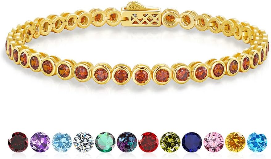 Garnet Birthstone Tennis Bracelets for Women, 925 Sterling Silver 14K Gold Plated 4...