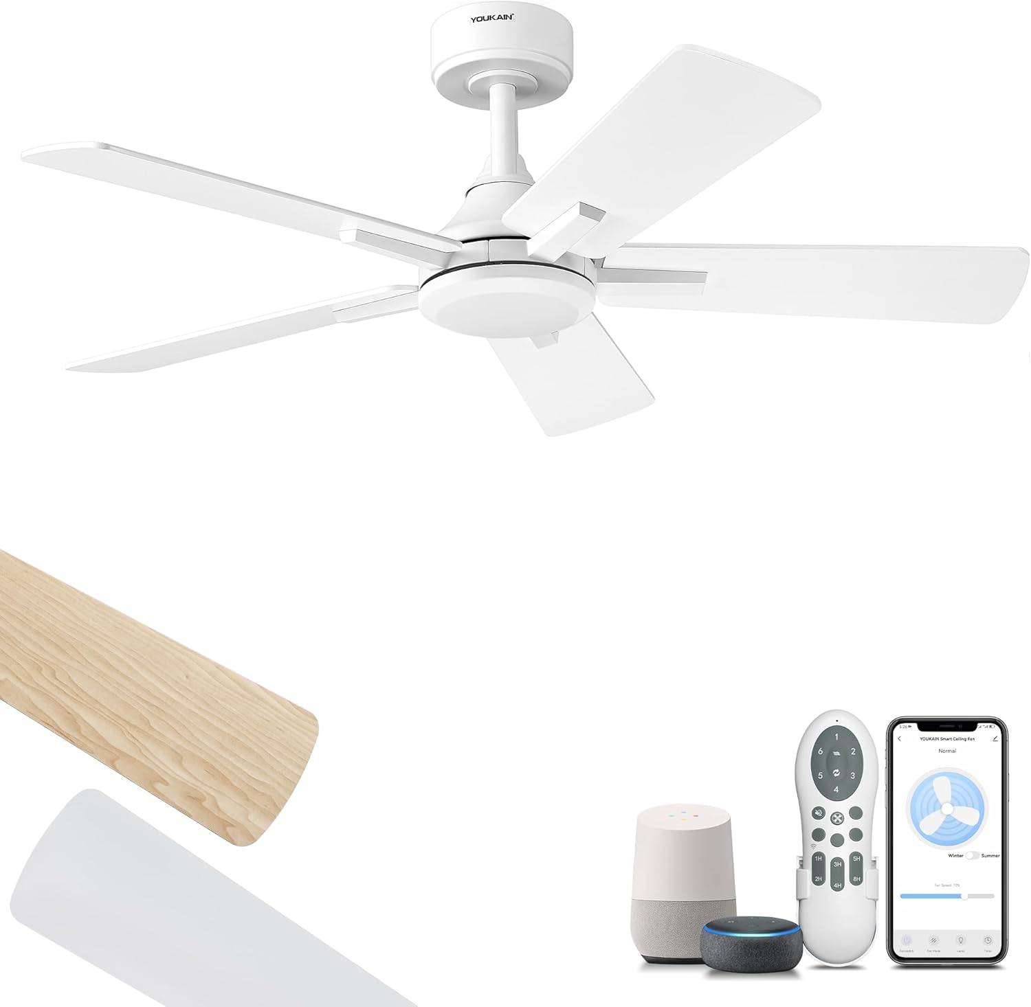 YOUKAIN Smart Ceiling Fan - 42 Inch White Ceiling Fan No Light, Voice & Remote Control, Reversible Blades, Living Room, Bedroom, 42-YJ812-WH-NL