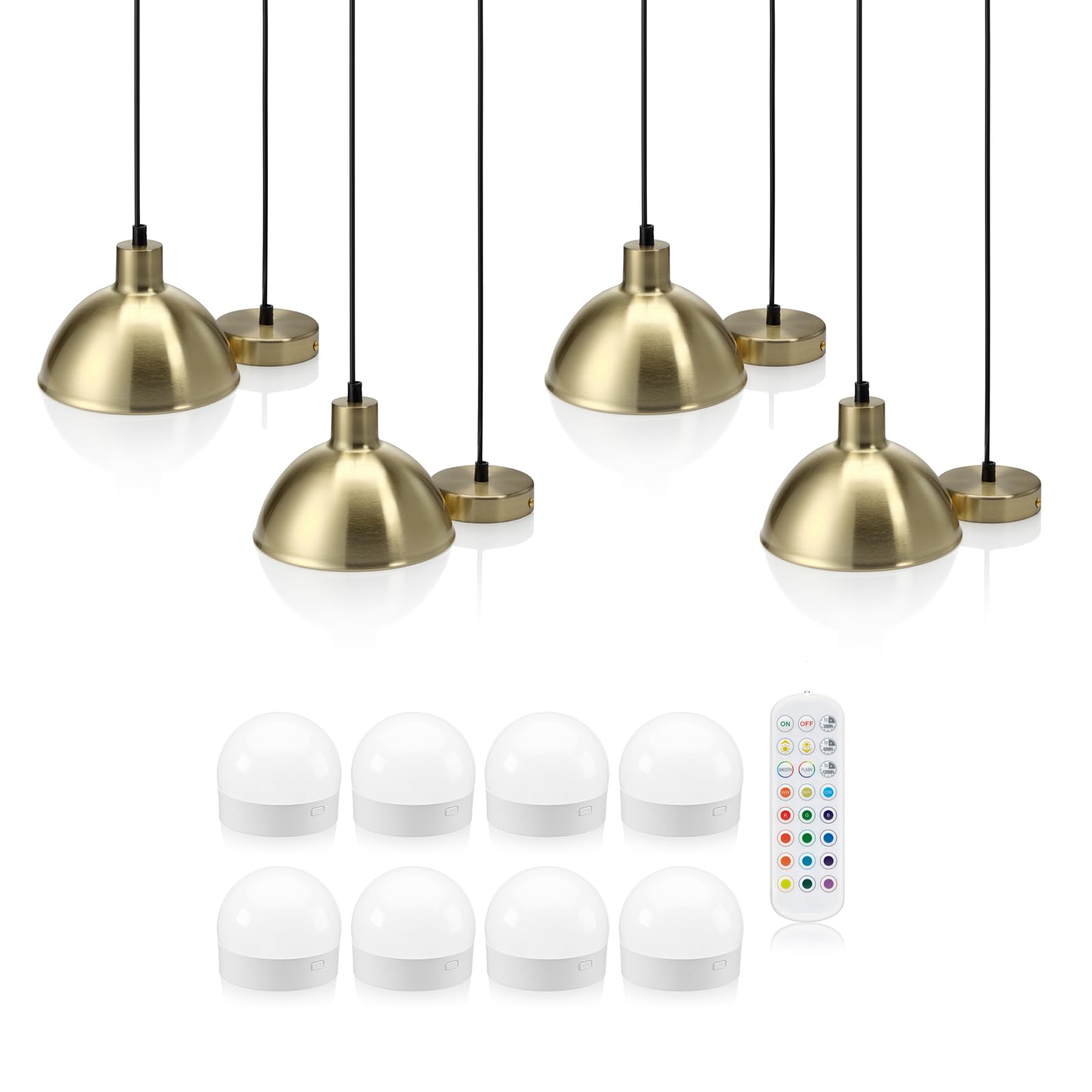 Auraglow Rechargeable Wireless Pendant Light with Remote – Cordless, Battery-Powered, Dimmable, Colour-Changing (Brass, 4 Lamps, 8 Light Sources, 1 Remote)