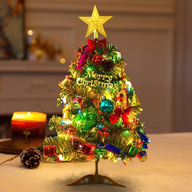 Mini Christmas Tree With LED Lights 50cm Tabletop Christmas Tree With Decorated Gift Boxes, Hanging Ornaments and a Star Treetop for Home Office Shopping Bar Home, Kitchen, Dining Table Decor