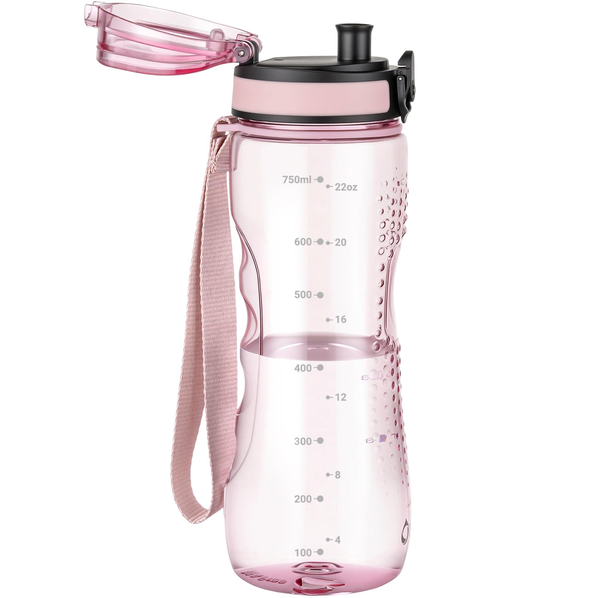 OLDLEY 750ml/25oz Sports Water Bottles, BPA Free Drinking Bottles for School Plastic Reusable Clear Water Bottle Leakproof & Filter & No Straw & Time Markings for Gym Sports Cycling (Transparent Pink)