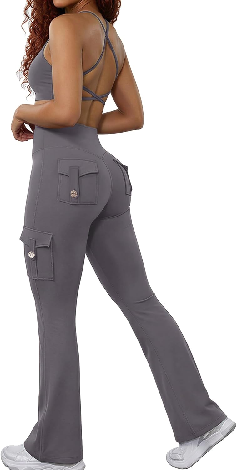 RXRXCOCO Women 2 Piece Workout Sets Flare Leggings with Pockets Butt Lifting High Waisted Cargo Gym Yoga Sets Pilates Outfits