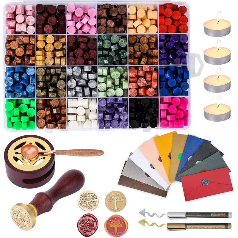 HAUSPROFI Wax Seal Stamp Kit, Luxury Retro Sealing Wax 600PCS,with 2 Wax Stamp,4 Tea Candles,10 Envelopes,2 Metallic Pen,Wax Melting Spoon, Wax Seal Warmer,for Wedding Invitations, Gift Wrapping