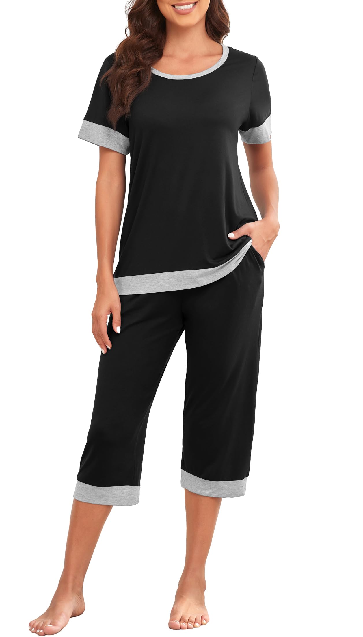 VINTATRE Women's Pajama Set Short Sleeve Shirt and Capri Pants Sleepwear Pjs Sets Lounge Set